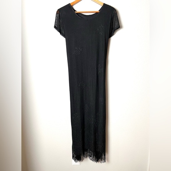 Vintage Y2K Black Net Fringe Long Dress with Tie Back Whimsigoth Hippie Size L - Picture 1 of 8